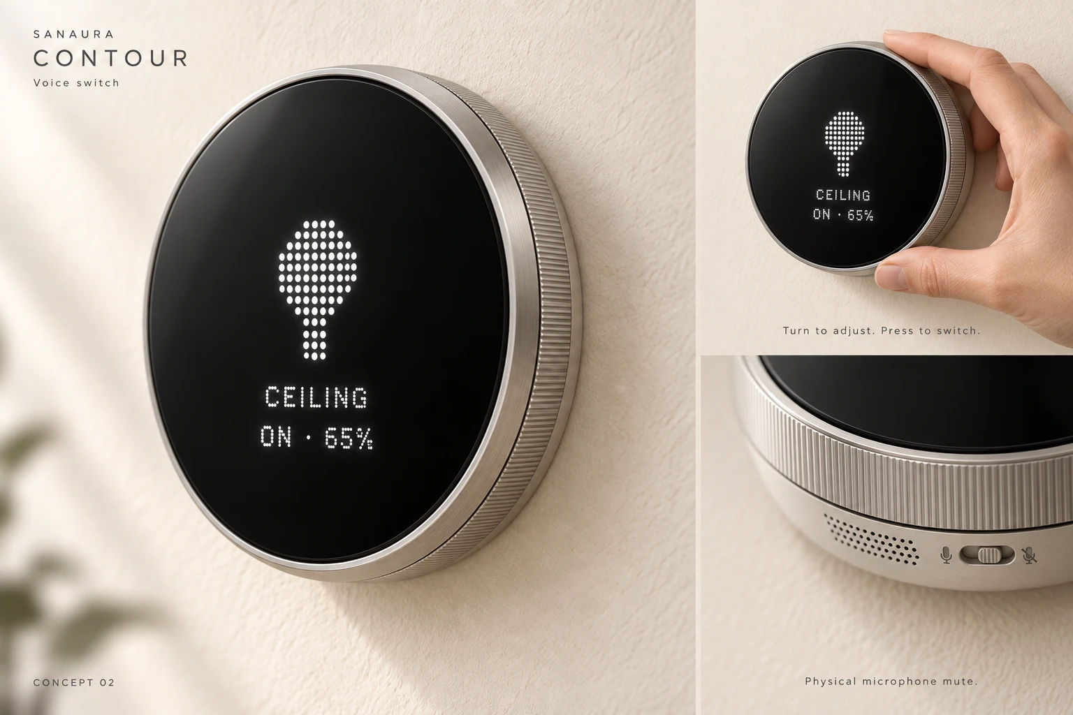 Sanaura Contour Concept 02: round satin-silver rotary ring, black face with white-dot light symbol, stationary underside speaker and a separate physical microphone-mute slider. Generated concept hardware.