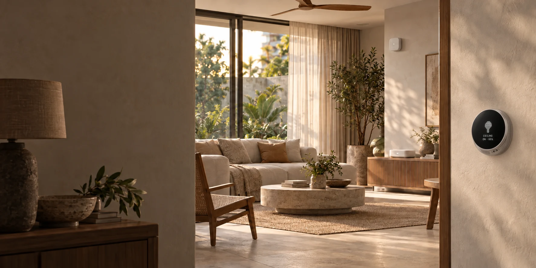 Illustrative warm living room with Sanaura Gateway on a console, Radar S1 on the wall and a round Contour Concept 02 with a black white-dot face by the doorway.